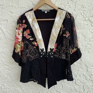 Tracy Collins S Kimono Top Blouse Floral Silk Blend Embroidered Beaded Lace